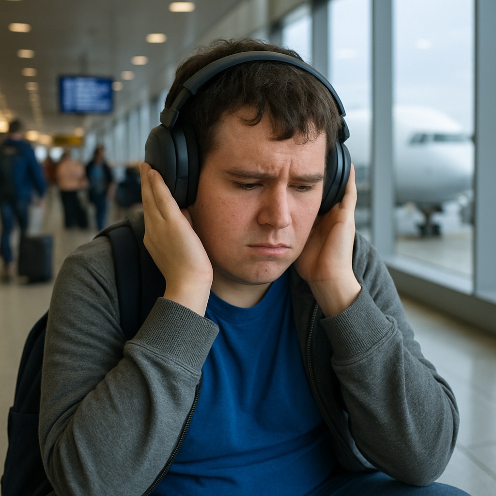 A man in a blue shirt and gray hoodie sits in an airport terminal, wearing large black headphones and holding his hands over his ears, appearing distressed. A plane is visible through the window behind him.